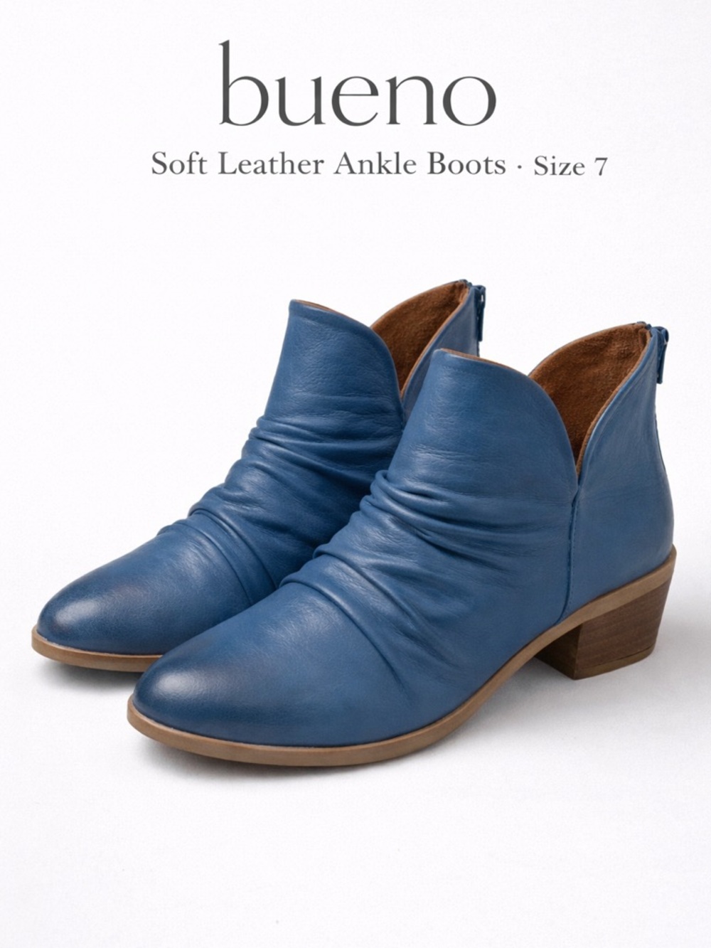 Bueno Blue Leather Ankle Boots Size 7 Slouchy Low Heel Comfort Booties